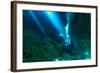Sunrays Shine on Scuba Diver in the Devils Den Spring, Florida-James White-Framed Photographic Print