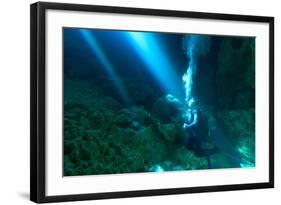 Sunrays Shine on Scuba Diver in the Devils Den Spring, Florida-James White-Framed Photographic Print