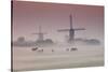 Sunrise and Morning Fog with Silhouetted Windmills and Horses in Field Kinderdijk, Netherlands-Darrell Gulin-Stretched Canvas