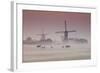 Sunrise and Morning Fog with Silhouetted Windmills and Horses in Field Kinderdijk, Netherlands-Darrell Gulin-Framed Photographic Print