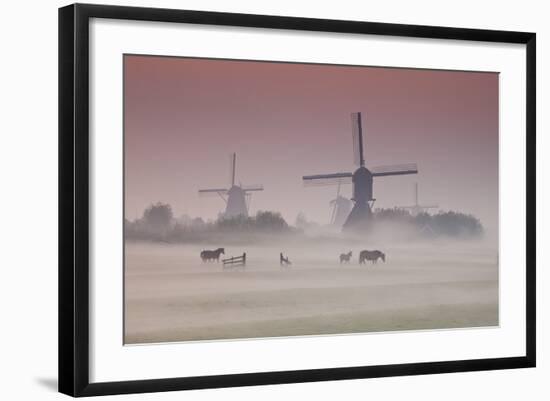 Sunrise and Morning Fog with Silhouetted Windmills and Horses in Field Kinderdijk, Netherlands-Darrell Gulin-Framed Photographic Print