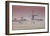 Sunrise and Morning Fog with Silhouetted Windmills and Horses in Field Kinderdijk, Netherlands-Darrell Gulin-Framed Photographic Print