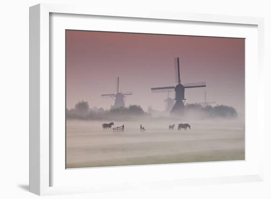 Sunrise and Morning Fog with Silhouetted Windmills and Horses in Field Kinderdijk, Netherlands-Darrell Gulin-Framed Photographic Print