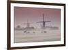 Sunrise and Morning Fog with Silhouetted Windmills and Horses in Field Kinderdijk, Netherlands-Darrell Gulin-Framed Photographic Print
