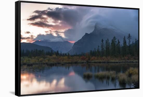 Sunrise and storm clouds at Vermillion Lakes with Mount Rundle in autumn, Canada-Jon Reaves-Framed Stretched Canvas