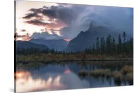 Sunrise and storm clouds at Vermillion Lakes with Mount Rundle in autumn, Canada-Jon Reaves-Stretched Canvas