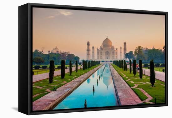 Sunrise at the Taj Mahal, UNESCO World Heritage Site, Agra, Uttar Pradesh, India, Asia-Laura Grier-Framed Stretched Canvas