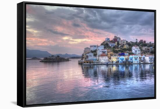 Sunrise, buildings at Harbour Entrance, Kastellorizo (Megisti) Island, Dodecanese Group-Richard Maschmeyer-Framed Stretched Canvas