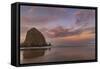 Sunrise clouds over Haystack Rock in Cannon Beach, Oregon, USA-Chuck Haney-Framed Stretched Canvas