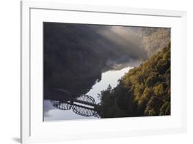 Sunrise filtering into the New River Gorge at Hawks Nest State Park in Ansted, West Virginia, USA-Chuck Haney-Framed Photographic Print