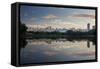 Sunrise in Ibirapuera Park with a Reflection of the Sao Paulo Skyline-Alex Saberi-Framed Stretched Canvas