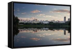 Sunrise in Ibirapuera Park with a Reflection of the Sao Paulo Skyline-Alex Saberi-Framed Stretched Canvas
