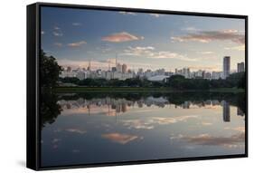 Sunrise in Ibirapuera Park with a Reflection of the Sao Paulo Skyline-Alex Saberi-Framed Stretched Canvas