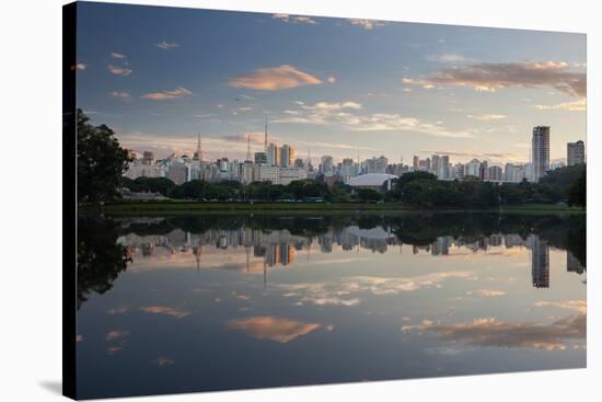 Sunrise in Ibirapuera Park with a Reflection of the Sao Paulo Skyline-Alex Saberi-Stretched Canvas