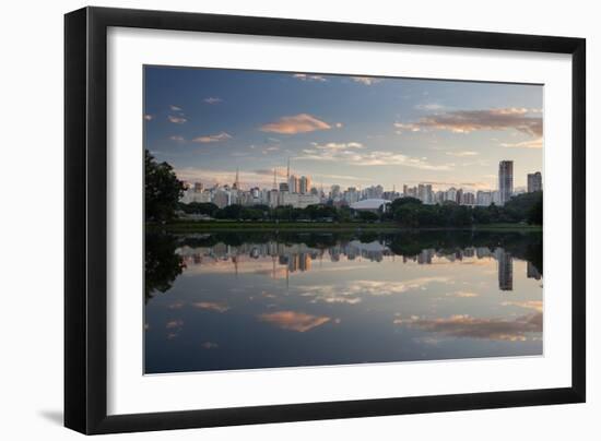 Sunrise in Ibirapuera Park with a Reflection of the Sao Paulo Skyline-Alex Saberi-Framed Premium Photographic Print