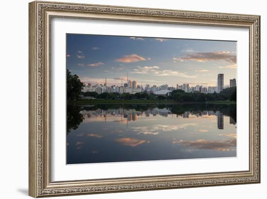 Sunrise in Ibirapuera Park with a Reflection of the Sao Paulo Skyline-Alex Saberi-Framed Photographic Print