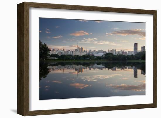 Sunrise in Ibirapuera Park with a Reflection of the Sao Paulo Skyline-Alex Saberi-Framed Photographic Print