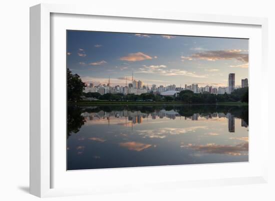 Sunrise in Ibirapuera Park with a Reflection of the Sao Paulo Skyline-Alex Saberi-Framed Photographic Print