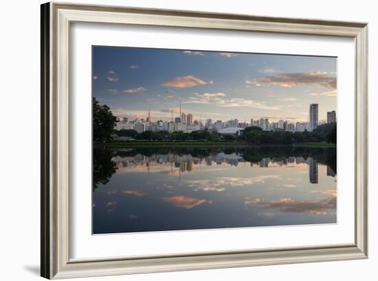 Sunrise in Ibirapuera Park with a Reflection of the Sao Paulo Skyline-Alex Saberi-Framed Photographic Print