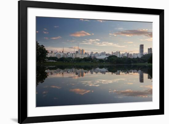 Sunrise in Ibirapuera Park with a Reflection of the Sao Paulo Skyline-Alex Saberi-Framed Photographic Print