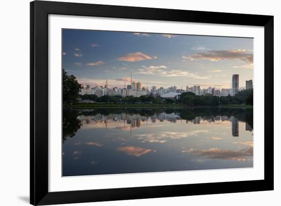 Sunrise in Ibirapuera Park with a Reflection of the Sao Paulo Skyline-Alex Saberi-Framed Photographic Print