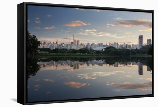 Sunrise in Ibirapuera Park with a Reflection of the Sao Paulo Skyline-Alex Saberi-Framed Stretched Canvas