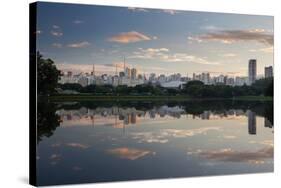 Sunrise in Ibirapuera Park with a Reflection of the Sao Paulo Skyline-Alex Saberi-Stretched Canvas