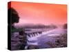 Sunrise in the morning mist over the waterfall on the Venta River near Kuldiga, Latvia-Janis Miglavs-Stretched Canvas