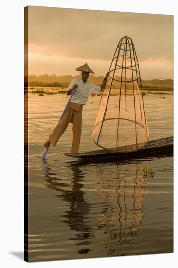 Sunrise. Intha Fisherman Rowing with His Legs. Inle Lake. Myanmar-Tom Norring-Stretched Canvas