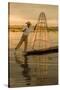 Sunrise. Intha Fisherman Rowing with His Legs. Inle Lake. Myanmar-Tom Norring-Stretched Canvas