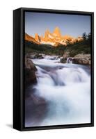 Sunrise Mount Fitz Roy (Cerro Chalten) and Waterfall on Lago De Los Tres Hike, Patagonia, Argentina-Matthew Williams-Ellis-Framed Stretched Canvas