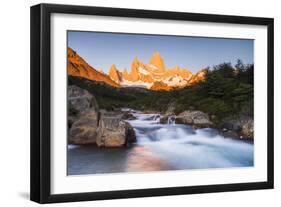 Sunrise Mount Fitz Roy (Cerro Chalten) and Waterfall on Lago De Los Tres Hike, Patagonia, Argentina-Matthew Williams-Ellis-Framed Photographic Print