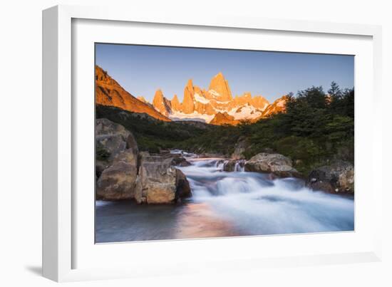 Sunrise Mount Fitz Roy (Cerro Chalten) and Waterfall on Lago De Los Tres Hike, Patagonia, Argentina-Matthew Williams-Ellis-Framed Photographic Print