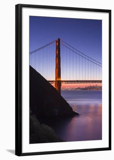 Sunrise Of A Single Bridge Of The Golden Gate Bridge, With The San Francisco Skyline And Bay Bridge-Joe Azure-Framed Photographic Print