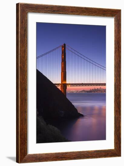 Sunrise Of A Single Bridge Of The Golden Gate Bridge, With The San Francisco Skyline And Bay Bridge-Joe Azure-Framed Photographic Print