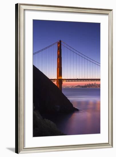 Sunrise Of A Single Bridge Of The Golden Gate Bridge, With The San Francisco Skyline And Bay Bridge-Joe Azure-Framed Photographic Print
