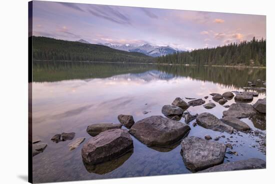 Sunrise on a beautiful reflective lake in the Canadian Rockies, Jasper National Park-Adam Burton-Stretched Canvas