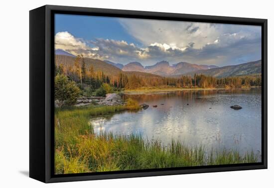Sunrise on Hallett Peak and Flattop Mountain above Sprague Lake in Rocky Mountain NP, Colorado, USA-Chuck Haney-Framed Stretched Canvas