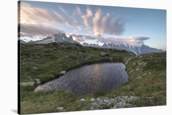 Sunrise on Mont Blanc massif seen from Lacs De Cheserys, Chamonix, Haute Savoie, French Alps, Franc-Roberto Moiola-Stretched Canvas