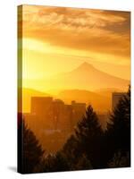 Sunrise on Mt Hood and Downtown, Portland, Oregon, USA-Janis Miglavs-Stretched Canvas