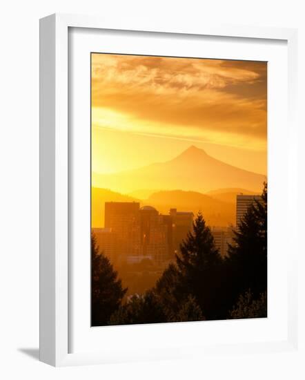 Sunrise on Mt Hood and Downtown, Portland, Oregon, USA-Janis Miglavs-Framed Photographic Print