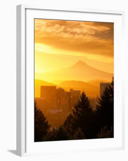 Sunrise on Mt Hood and Downtown, Portland, Oregon, USA-Janis Miglavs-Framed Photographic Print