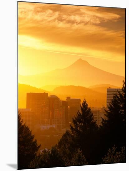 Sunrise on Mt Hood and Downtown, Portland, Oregon, USA-Janis Miglavs-Mounted Photographic Print