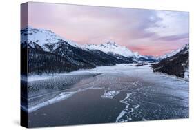 Sunrise on the snowcapped mountains and frozen Lake Silvaplana, aerial view, Maloja-Roberto Moiola-Stretched Canvas