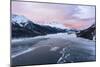 Sunrise on the snowcapped mountains and frozen Lake Silvaplana, aerial view, Maloja-Roberto Moiola-Mounted Photographic Print