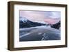 Sunrise on the snowcapped mountains and frozen Lake Silvaplana, aerial view, Maloja-Roberto Moiola-Framed Photographic Print