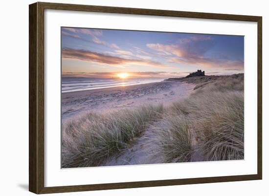 Sunrise over Bamburgh Beach and Castle from the Sand Dunes, Northumberland, England. Spring (March)-Adam Burton-Framed Photographic Print