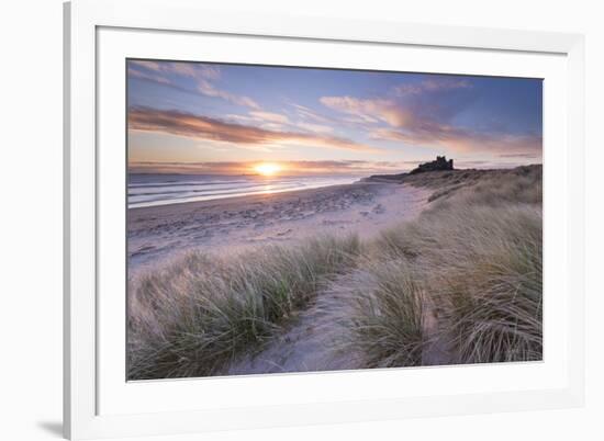 Sunrise over Bamburgh Beach and Castle from the Sand Dunes, Northumberland, England. Spring (March)-Adam Burton-Framed Photographic Print