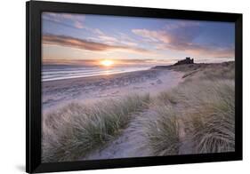 Sunrise over Bamburgh Beach and Castle from the Sand Dunes, Northumberland, England. Spring (March)-Adam Burton-Framed Photographic Print