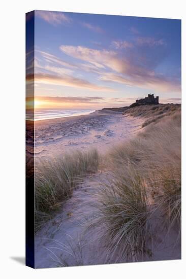 Sunrise over Bamburgh Beach and Castle from the Sand Dunes, Northumberland, England. Spring (March)-Adam Burton-Stretched Canvas